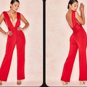 House of CB 'Benedetta' Red Bandage Plunge Neck Jumpsuit